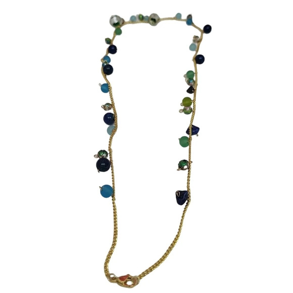 Handmade Lampwork Blue Green Sea Glass Beads Lapis Cloisonne Orbit Necklace - Picture 2 of 3